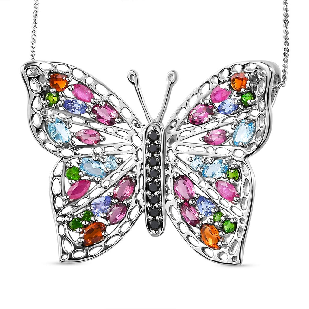 GP Trionfo Kollektion - Mehrfarbiger Edelstein Schmetterlings-Anhänger mit Kette, 925 Silber platiniert ca. 6.10 ct