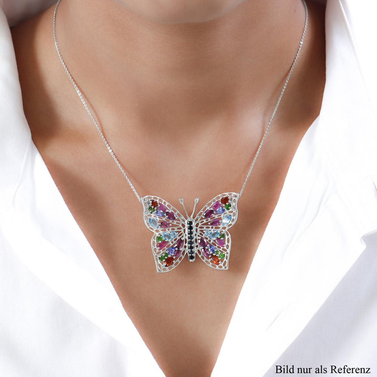 GP Trionfo Kollektion - Mehrfarbiger Edelstein Schmetterlings-Anhänger mit Kette, 925 Silber platiniert ca. 6.10 ct