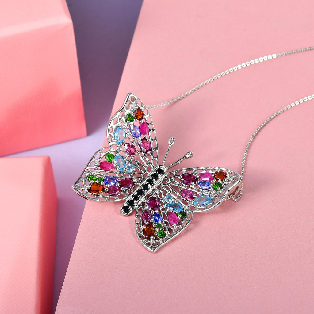 GP Trionfo Kollektion - Mehrfarbiger Edelstein Schmetterlings-Anhänger mit Kette, 925 Silber platiniert ca. 6.10 ct