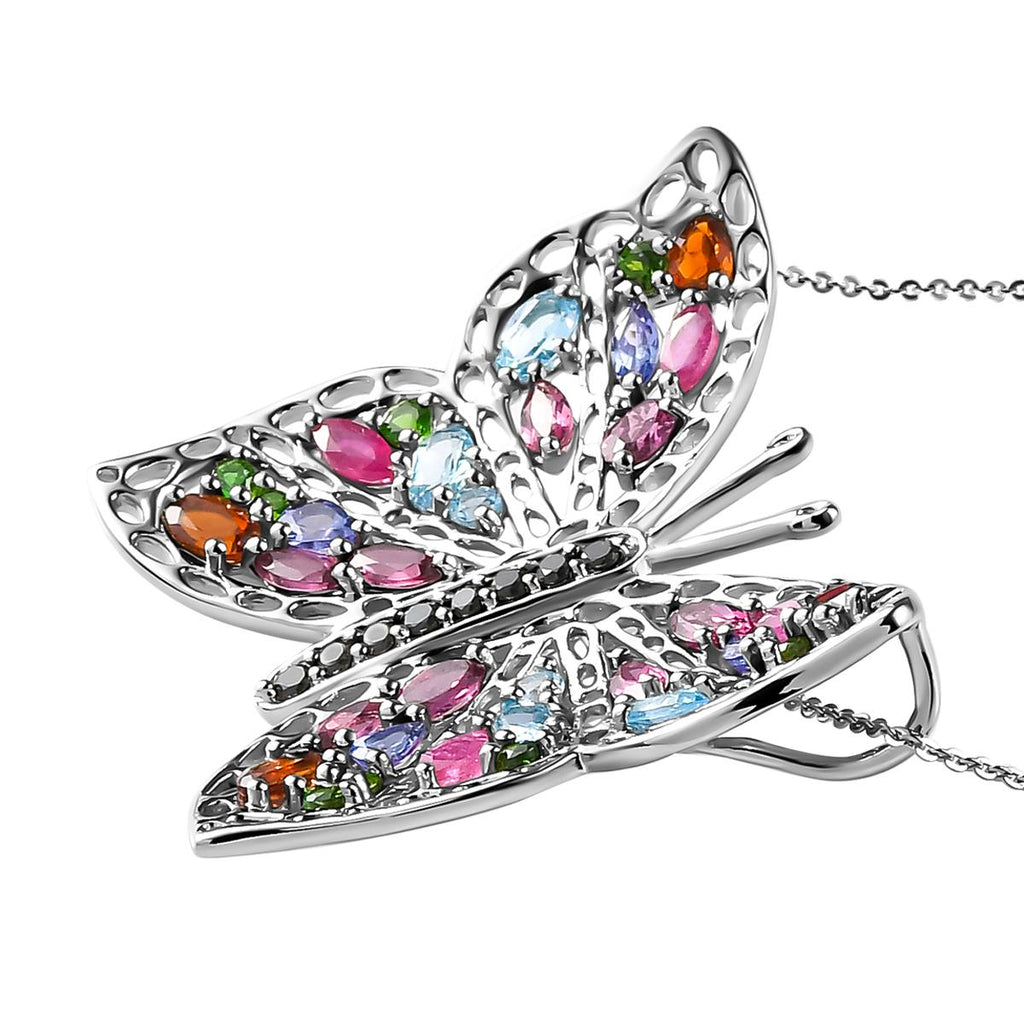 GP Trionfo Kollektion - Mehrfarbiger Edelstein Schmetterlings-Anhänger mit Kette, 925 Silber platiniert ca. 6.10 ct