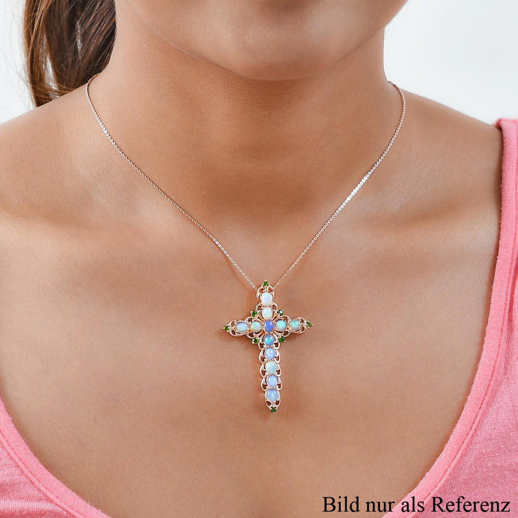 Natürlicher, äthiopischer Welo Opal und natürlicher Chromdiopsid Kreuz-Anhänger mit Kette, 925 Silber Roségold Vermeil ca. 2,96 ct