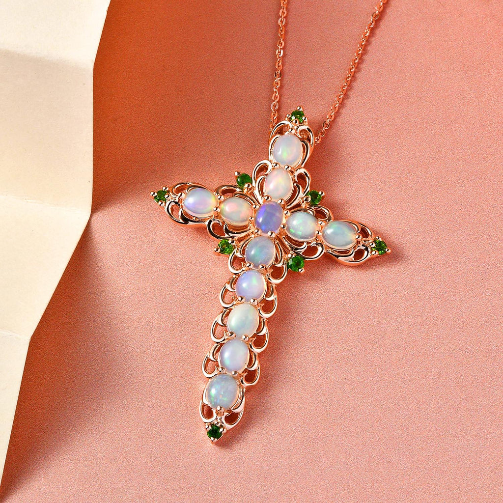 Natürlicher, äthiopischer Welo Opal und natürlicher Chromdiopsid Kreuz-Anhänger mit Kette, 925 Silber Roségold Vermeil ca. 2,96 ct