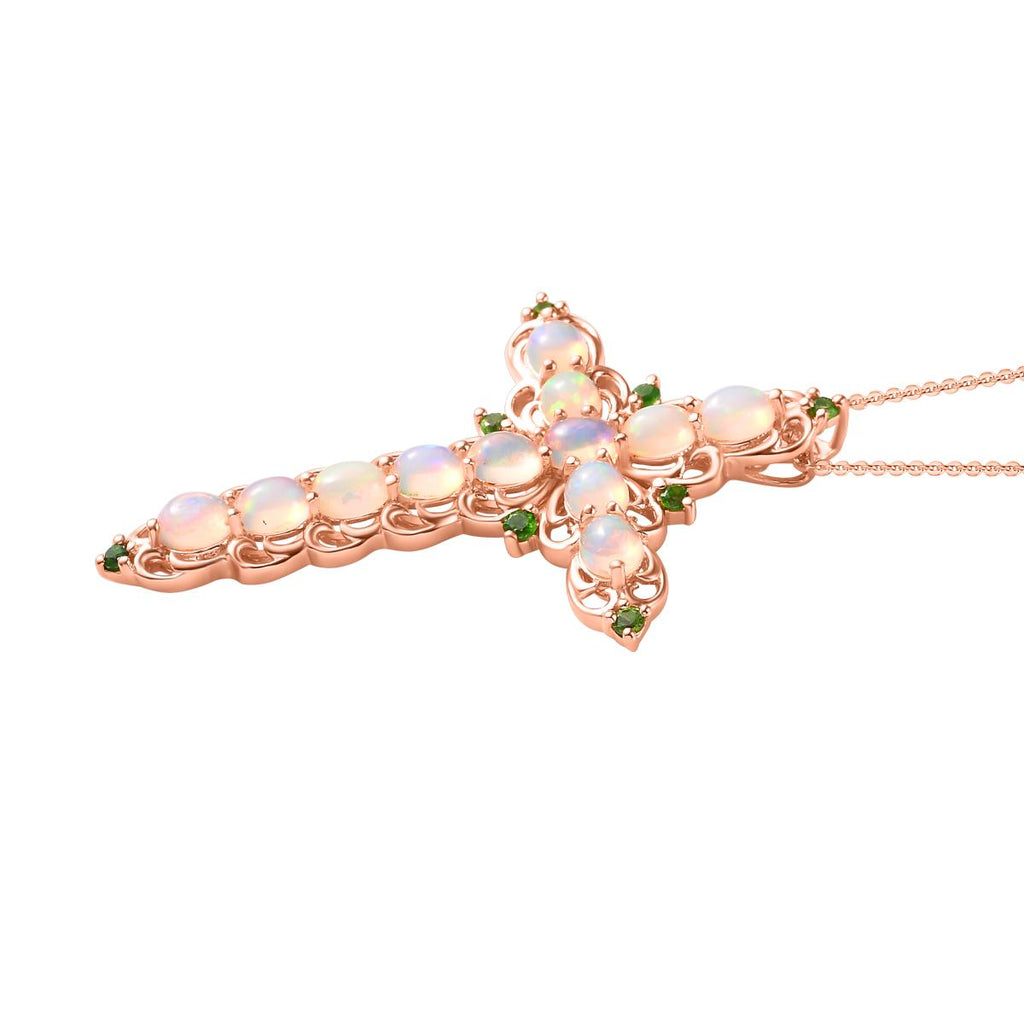 Natürlicher, äthiopischer Welo Opal und natürlicher Chromdiopsid Kreuz-Anhänger mit Kette, 925 Silber Roségold Vermeil ca. 2,96 ct