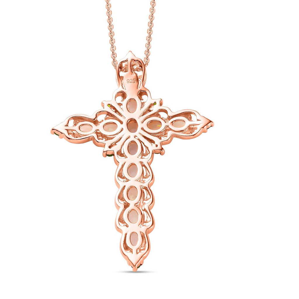 Natürlicher, äthiopischer Welo Opal und natürlicher Chromdiopsid Kreuz-Anhänger mit Kette, 925 Silber Roségold Vermeil ca. 2,96 ct