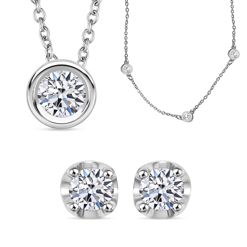 Luxuriant Diamond Trio: Labor Diamant Anhänger mit 50cm Kette Armband & Ohrringe 925 Silber platiniert