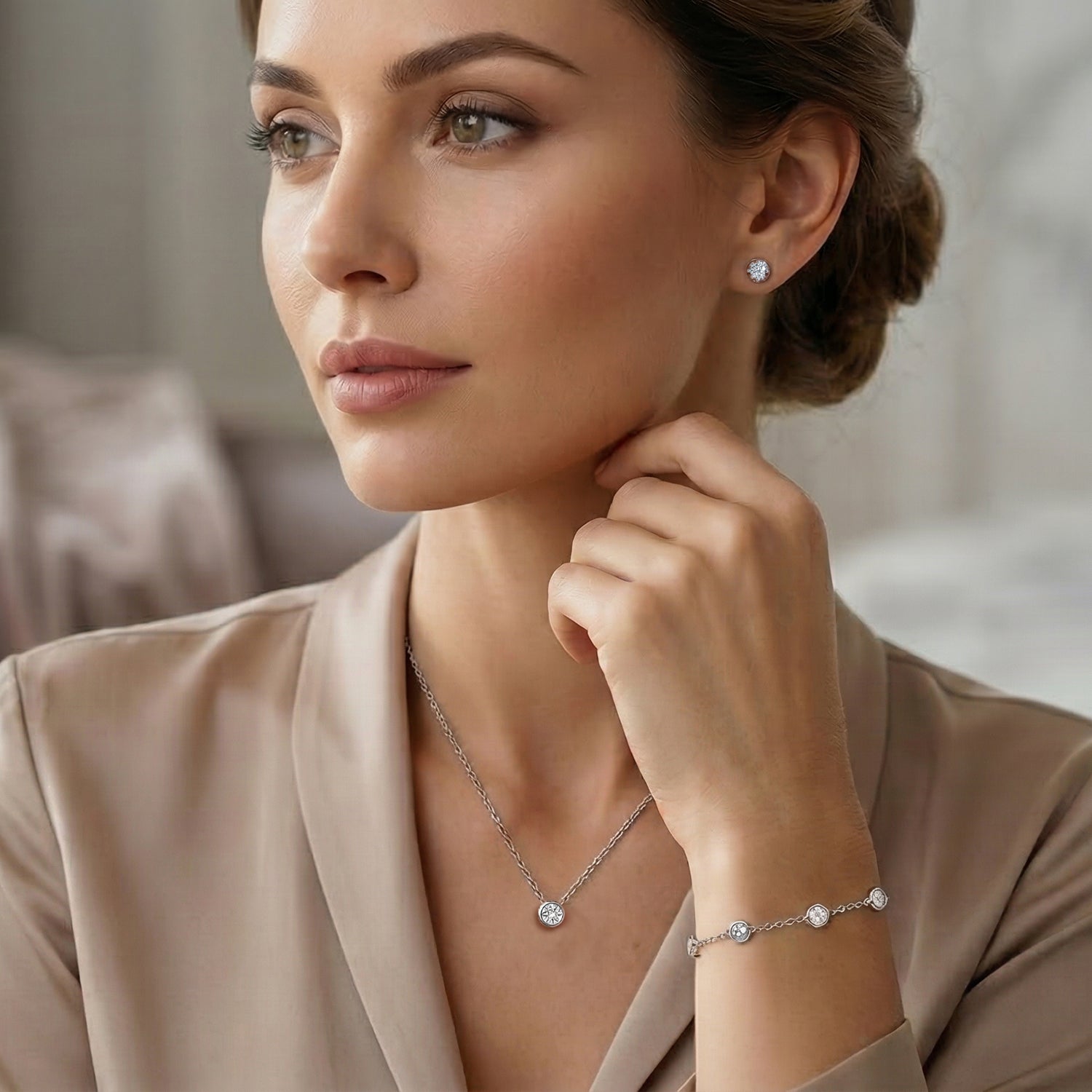 Luxuriant Diamond Trio: Labor Diamant Anhänger mit 50cm Kette Armband & Ohrringe 925 Silber platiniert