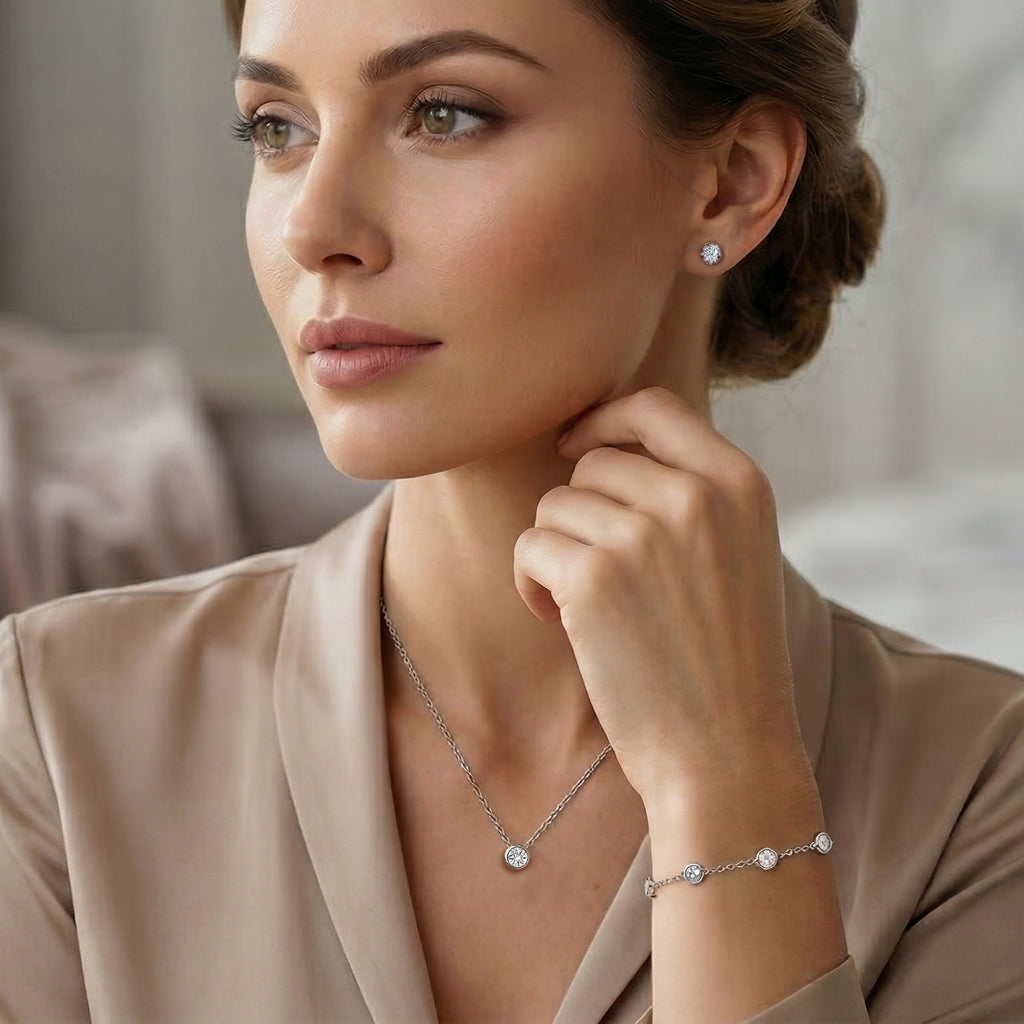 Luxuriant Diamond Trio: Labor Diamant Anhänger mit 50cm Kette Armband & Ohrringe 925 Silber platiniert