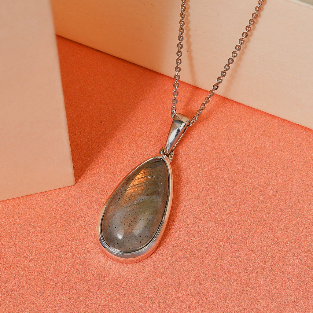 Feuer Labradorit-Anhänger mit Kette, 925 Silber platiniert ca. 8.52 ct