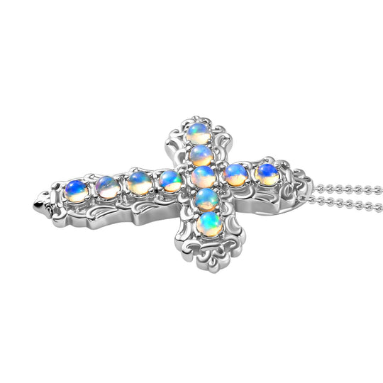 Natürlicher, äthiopischer Welo Opal Kreuz-Anhänger mit Kette, Edelstahl ca. 0.89 ct