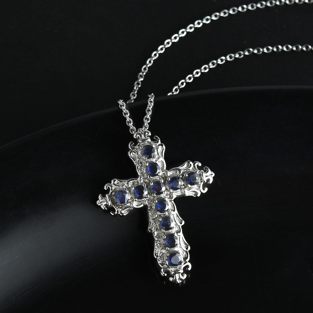 Masoala Saphir (Fissure gefüllt) Kreuz-Anhänger mit Kette, Edelstahl ca. 1.58 ct