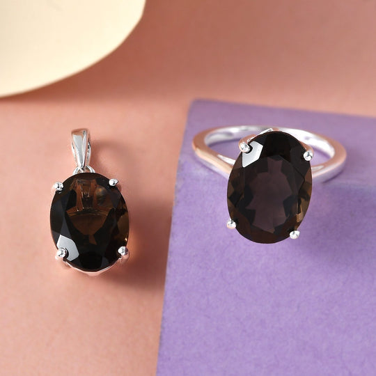 2er Set - Rauchquarz-Ring und Anhänger, 925 Silber ca. 10.97 ct