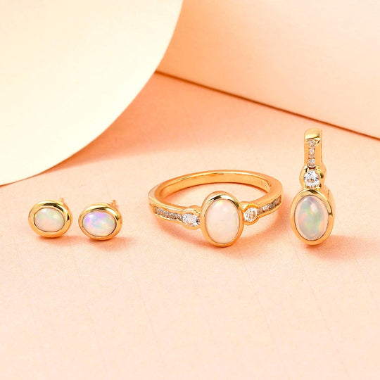 3er Set - Natürlicher, äthiopischer Welo Opal Ring, Anhänger und Ohrringe, 925 Silber vergoldet ca. 2.13 ct