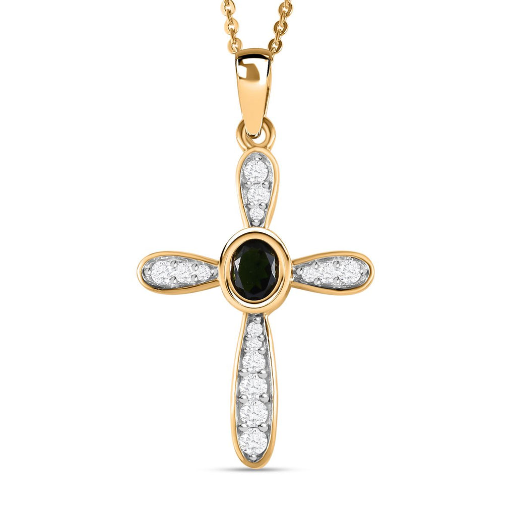 Natürlicher Chrom Turmalin und weißer Zirkon Kreuz-anhänger mit Kette, 925 Silber Gelbgold Vermeil ca. 0.55 ct