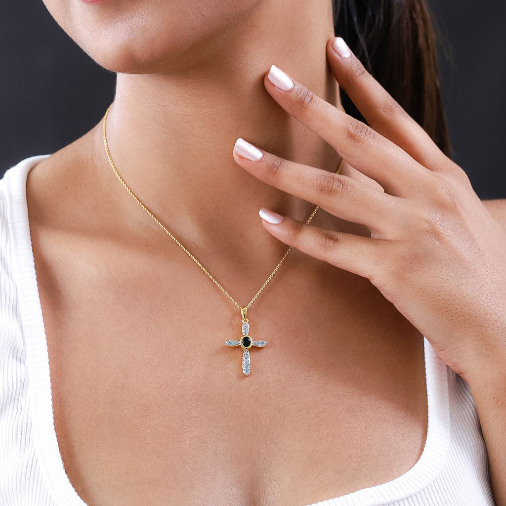 Natürlicher Chrom Turmalin und weißer Zirkon Kreuz-anhänger mit Kette, 925 Silber Gelbgold Vermeil ca. 0.55 ct