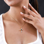 Natürlicher Chrom Turmalin und weißer Zirkon Kreuz-anhänger mit Kette, 925 Silber Gelbgold Vermeil ca. 0.55 ct