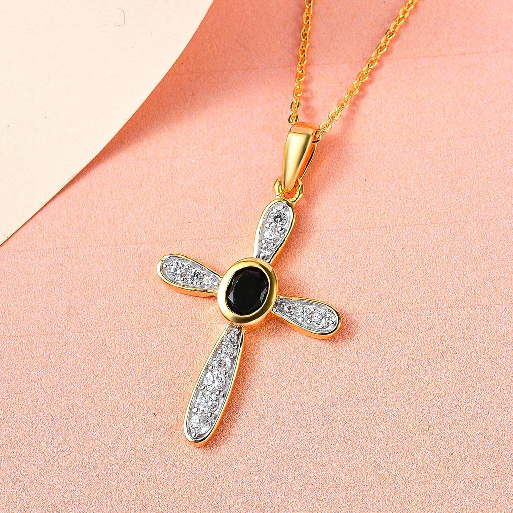 Natürlicher Chrom Turmalin und weißer Zirkon Kreuz-anhänger mit Kette, 925 Silber Gelbgold Vermeil ca. 0.55 ct