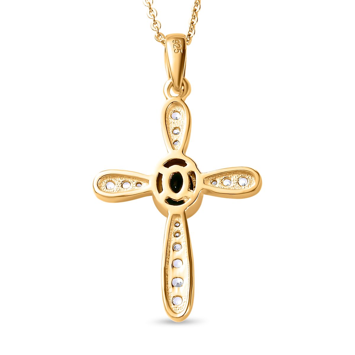 Natürlicher Chrom Turmalin und weißer Zirkon Kreuz-anhänger mit Kette, 925 Silber Gelbgold Vermeil ca. 0.55 ct