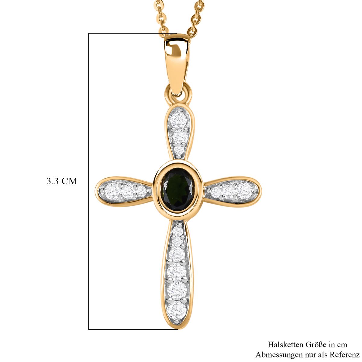 Natürlicher Chrom Turmalin und weißer Zirkon Kreuz-anhänger mit Kette, 925 Silber Gelbgold Vermeil ca. 0.55 ct