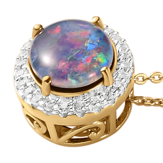 Boulder Opal Triplett und weißer Zirkon Anhänger mit Kette, 925 Silber vergoldet ca. 2.02 ct