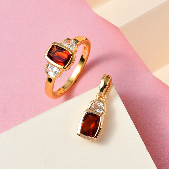 2er Set, Kirsch Citrin Ring und Anhänger, 925 Silber vergoldet ca. 2,29 ct