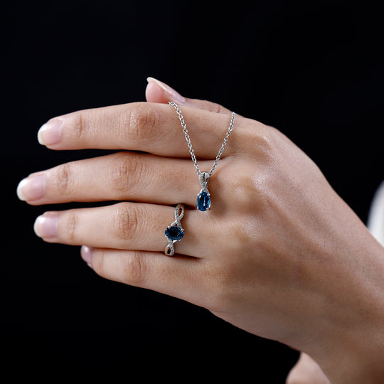 2er Set, London Blau Topas Anhänger und Ring, 925 Silber platiniert ca. 2,03 ct