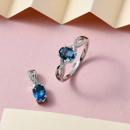 2er Set, London Blau Topas Anhänger und Ring, 925 Silber platiniert ca. 2,03 ct