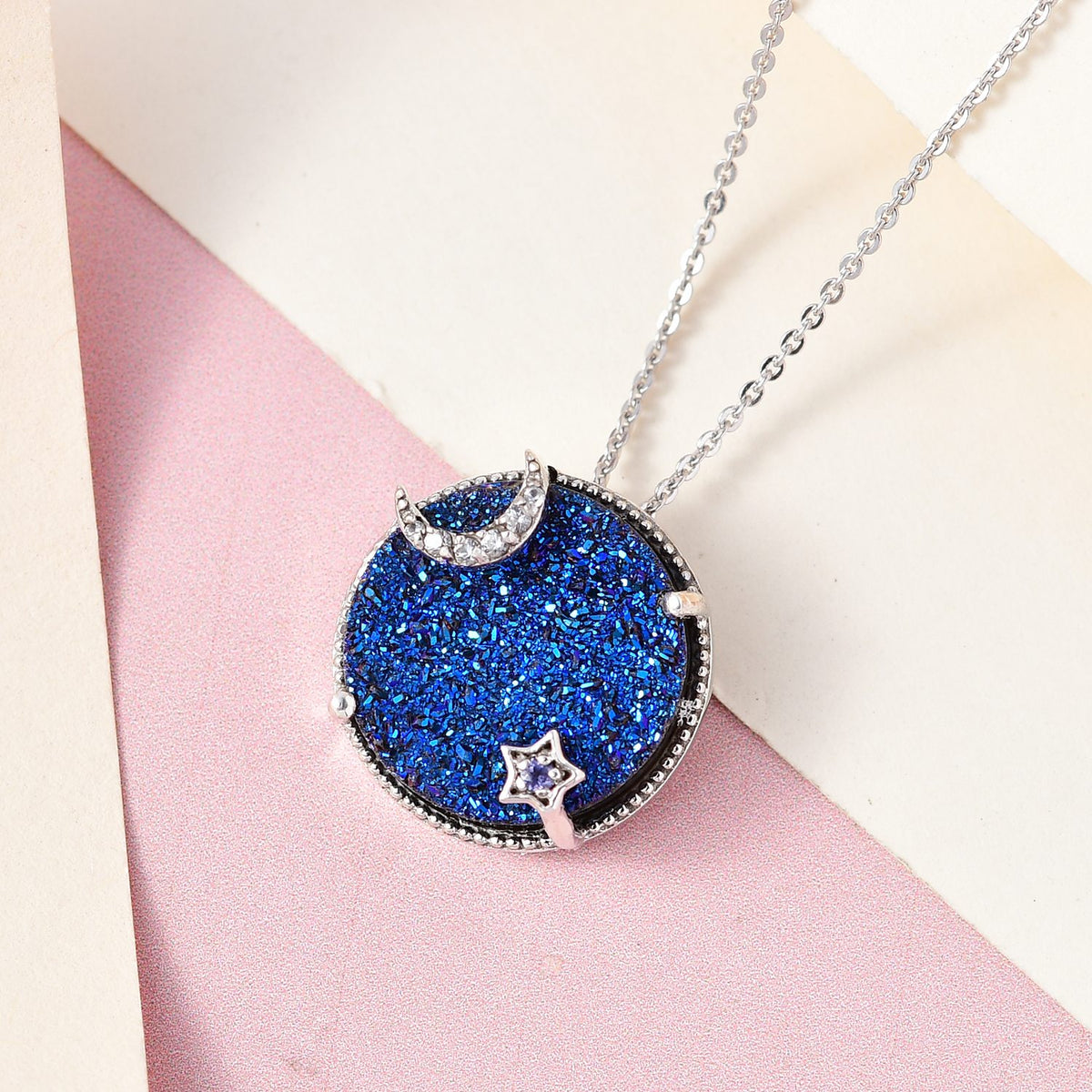 GP Celestial Kollektion - Blauer Drusen Quarz und Tansanit Anhänger mit Kette, 925 Silber platiniert ca. 8.85 ct