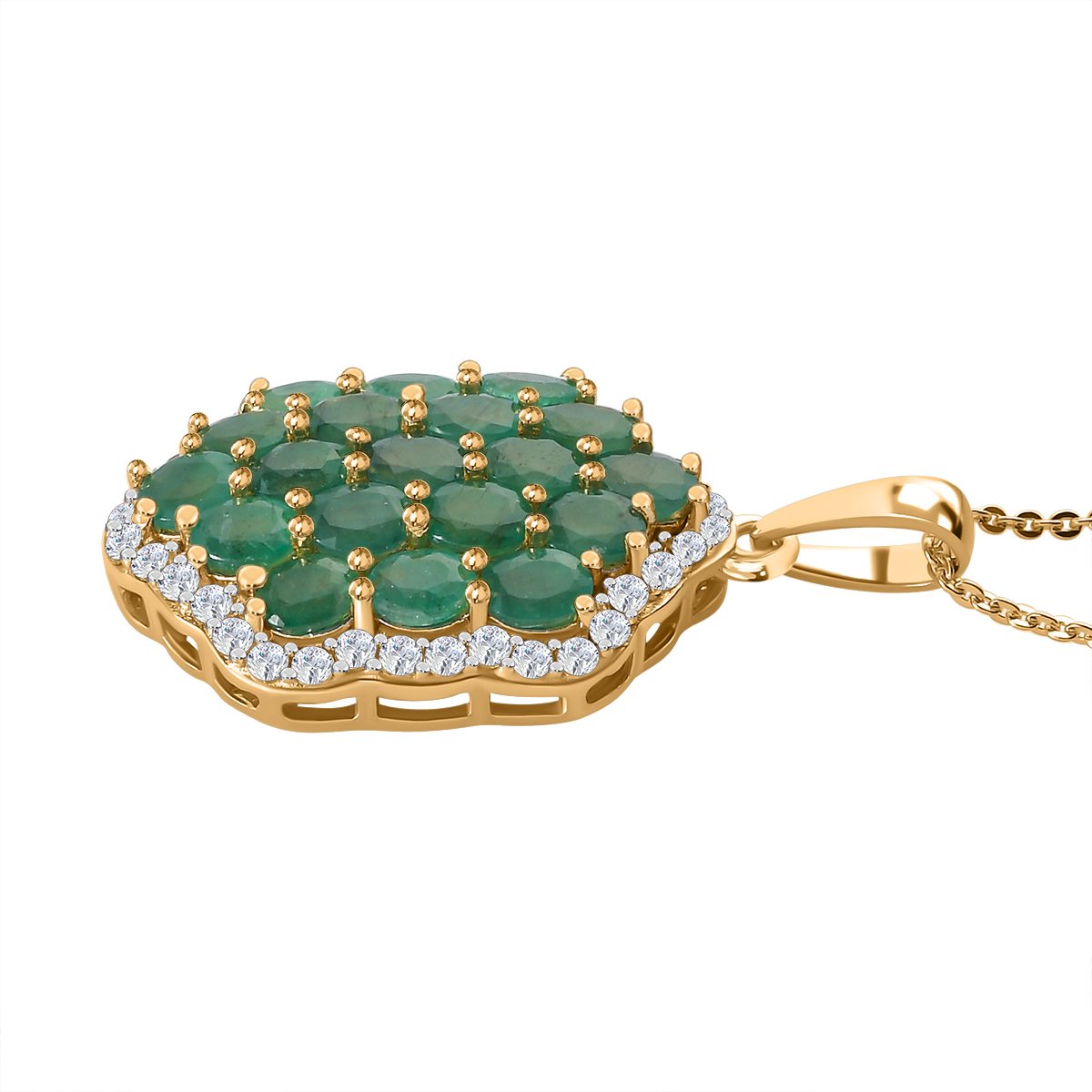 Kagem Sambischer Smaragd, weißer Zirkon Anhänger mit Kette, 925 Silber vergoldet ca. 3.24 ct