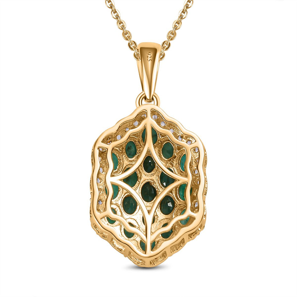 Kagem Sambischer Smaragd, weißer Zirkon Anhänger mit Kette, 925 Silber vergoldet ca. 3.24 ct
