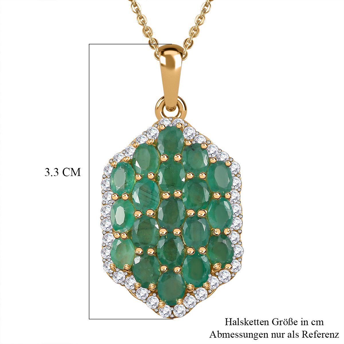 Kagem Sambischer Smaragd, weißer Zirkon Anhänger mit Kette, 925 Silber vergoldet ca. 3.24 ct