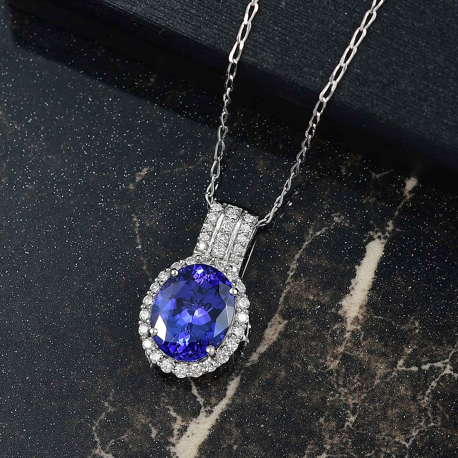 Rhapsody AAAA Tansanit, Weißer Diamant AGI zertifiziert Schmuckset ca. 50 cm 950 Platin ca. 3.65 ct
