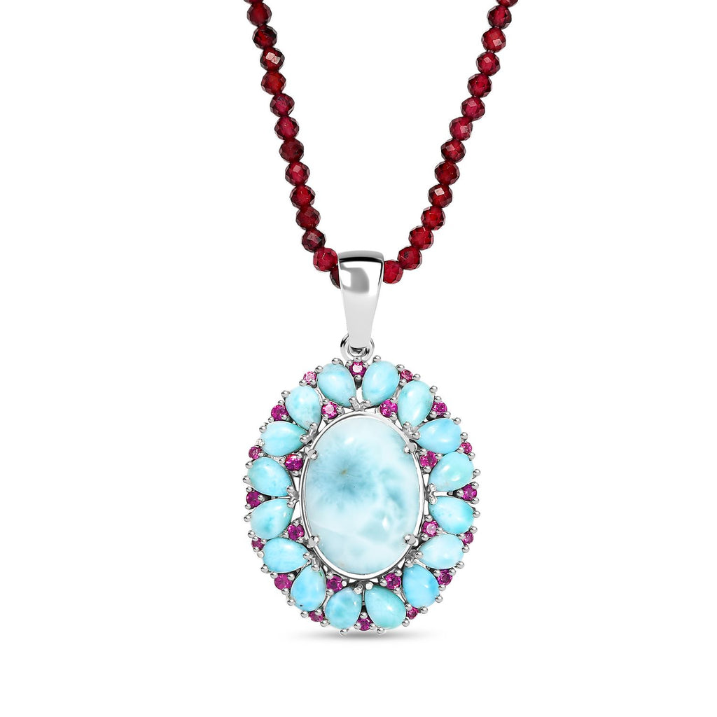 D joy AA Larimar Anhänger mit Rhodolith Granat Halskette, 925 Silber rhodiniert ca. 59.74 ct