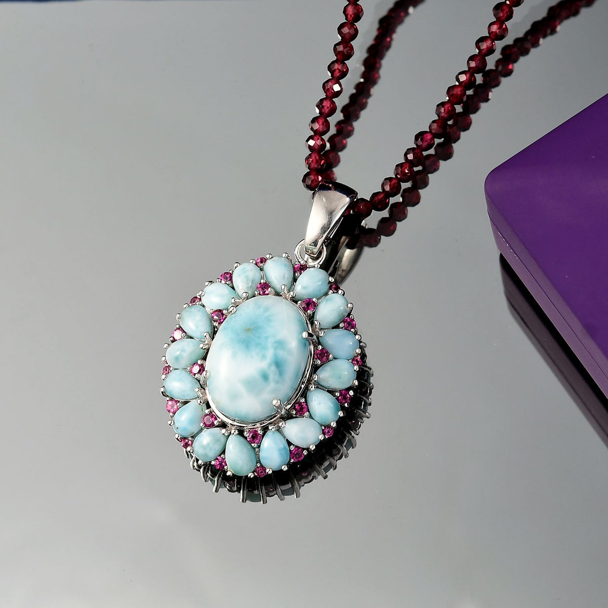 D joy AA Larimar Anhänger mit Rhodolith Granat Halskette, 925 Silber rhodiniert ca. 59.74 ct