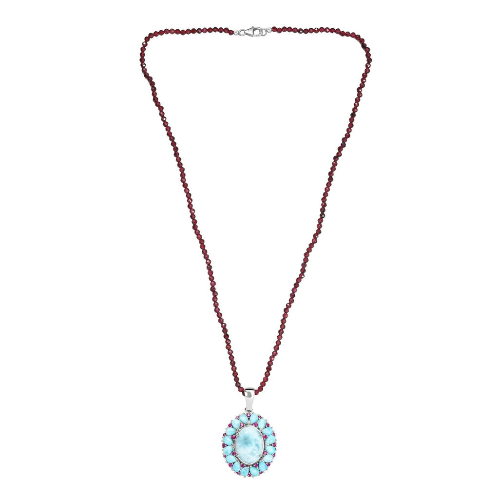 D joy AA Larimar Anhänger mit Rhodolith Granat Halskette, 925 Silber rhodiniert ca. 59.74 ct