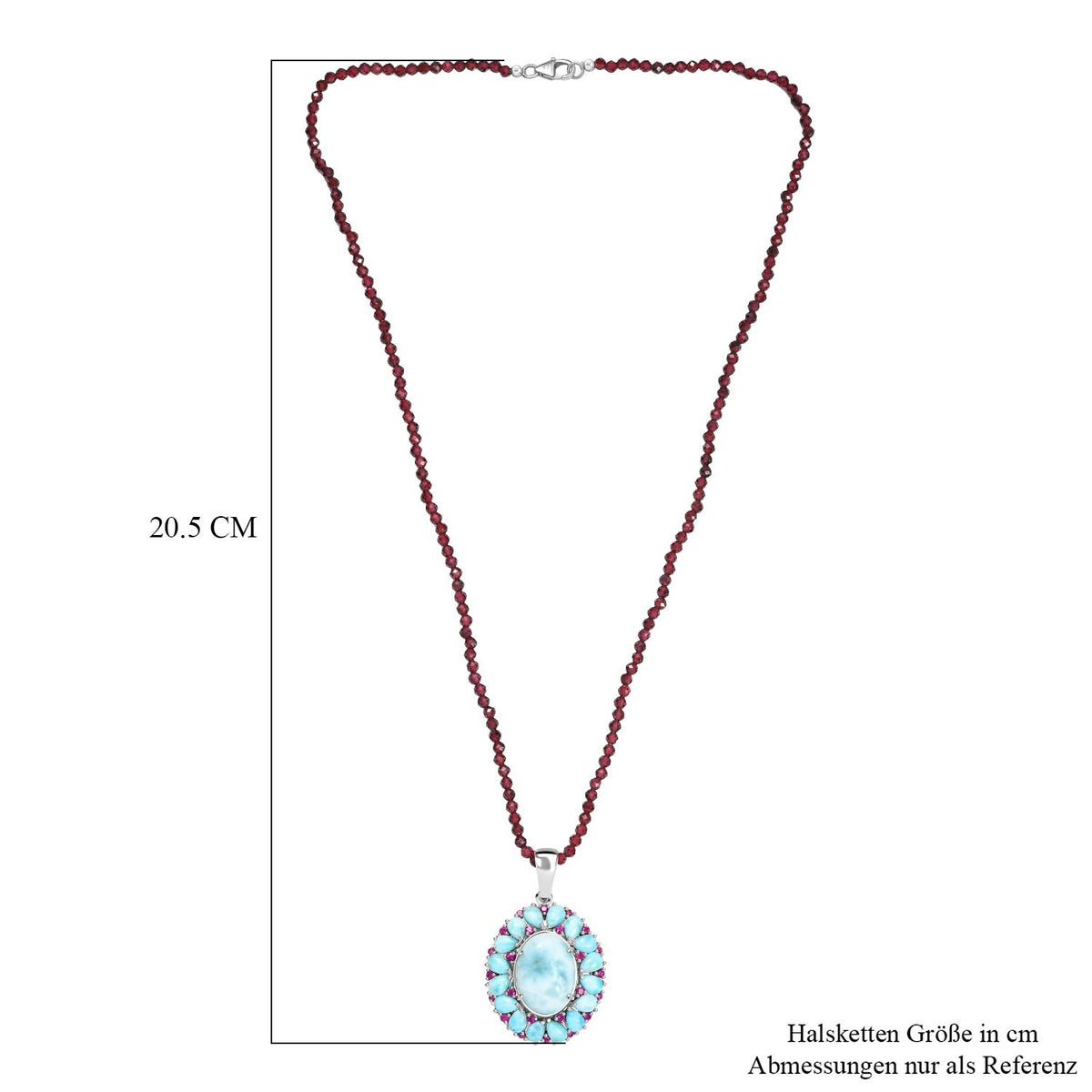 D joy AA Larimar Anhänger mit Rhodolith Granat Halskette, 925 Silber rhodiniert ca. 59.74 ct