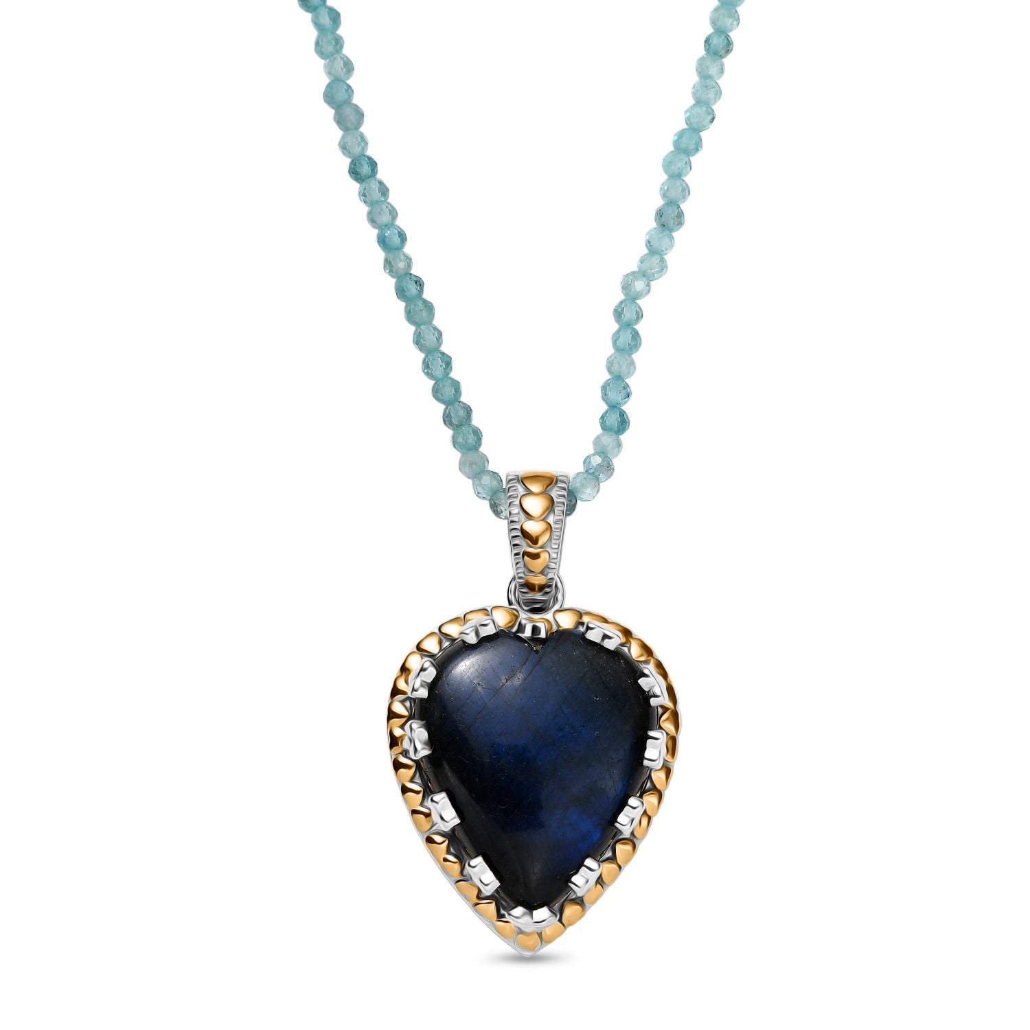 AAA Herz Labradorit (30x25mm), Apatit Anhänger mit Kette ca. 45 cm, 925 Silber Rhodiniert und 750 Gelbgold Vermeil ca. 85.00 ct