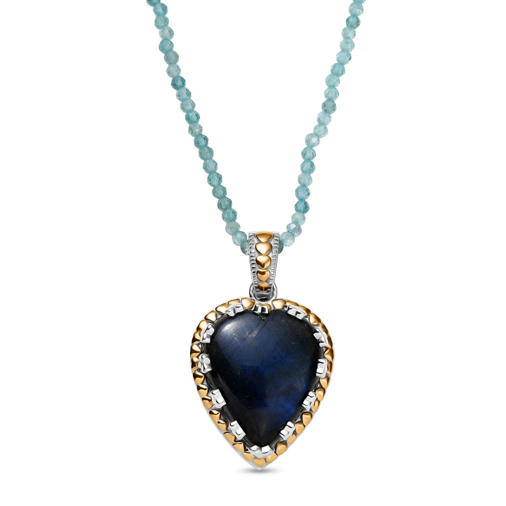 AAA Herz Labradorit (30x25mm), Apatit Anhänger mit Kette ca. 45 cm, 925 Silber Rhodiniert und 750 Gelbgold Vermeil ca. 85.00 ct
