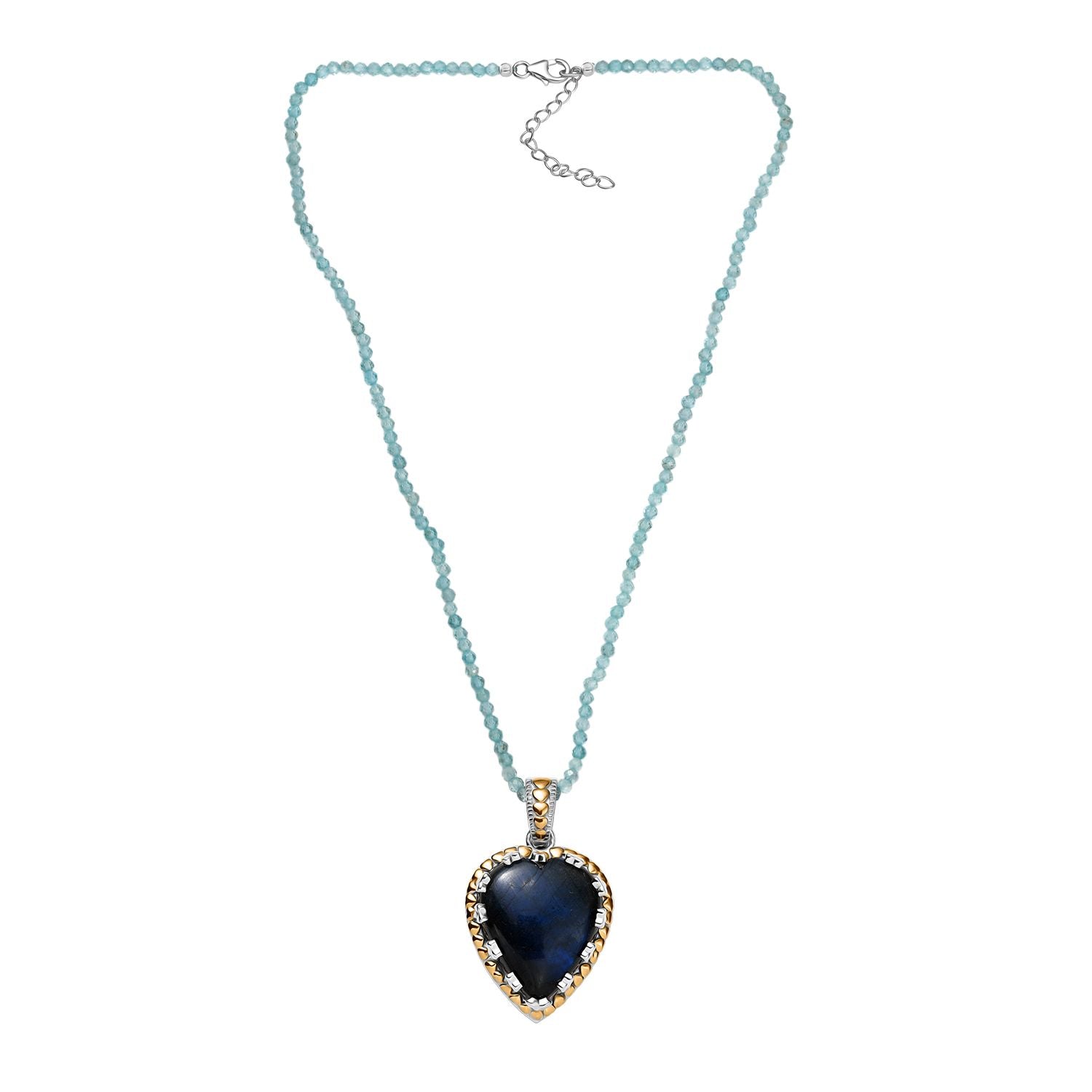 AAA Herz Labradorit (30x25mm), Apatit Anhänger mit Kette ca. 45 cm, 925 Silber Rhodiniert und 750 Gelbgold Vermeil ca. 85.00 ct