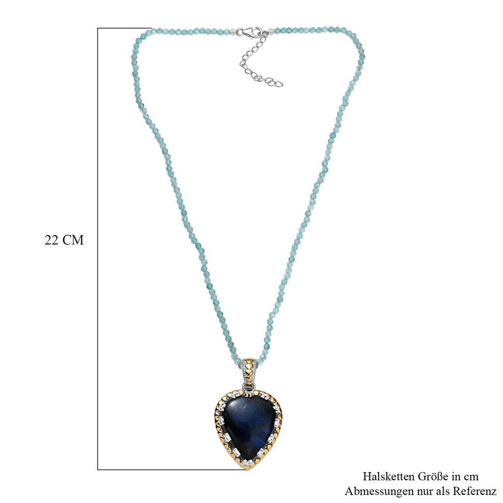 AAA Herz Labradorit (30x25mm), Apatit Anhänger mit Kette ca. 45 cm, 925 Silber Rhodiniert und 750 Gelbgold Vermeil ca. 85.00 ct