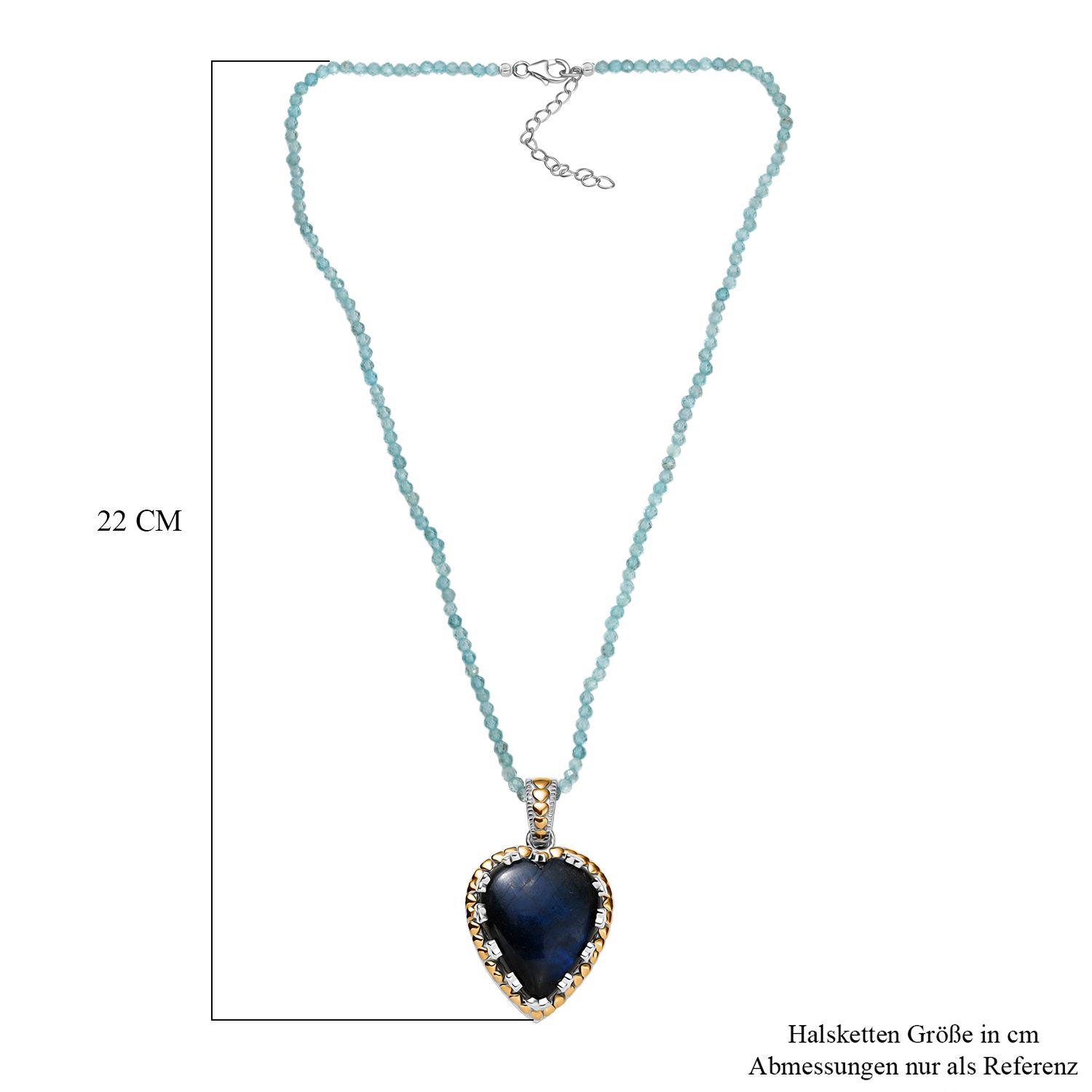 AAA Herz Labradorit (30x25mm), Apatit Anhänger mit Kette ca. 45 cm, 925 Silber Rhodiniert und 750 Gelbgold Vermeil ca. 85.00 ct