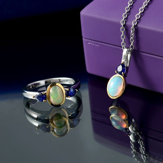 2er Set - AA Natürlicher, äthiopischer Welo Opal, Masaola Saphir (Fissure gefüllt) Anhänger mit Kette und Ring, Größe (18.00), Gelbes Messing, ca. 1.78 ct.