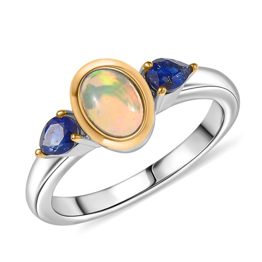 2er Set - AA Natürlicher, äthiopischer Welo Opal, Masaola Saphir (Fissure gefüllt) Anhänger mit Kette und Ring, Größe (18.00), Gelbes Messing, ca. 1.78 ct.
