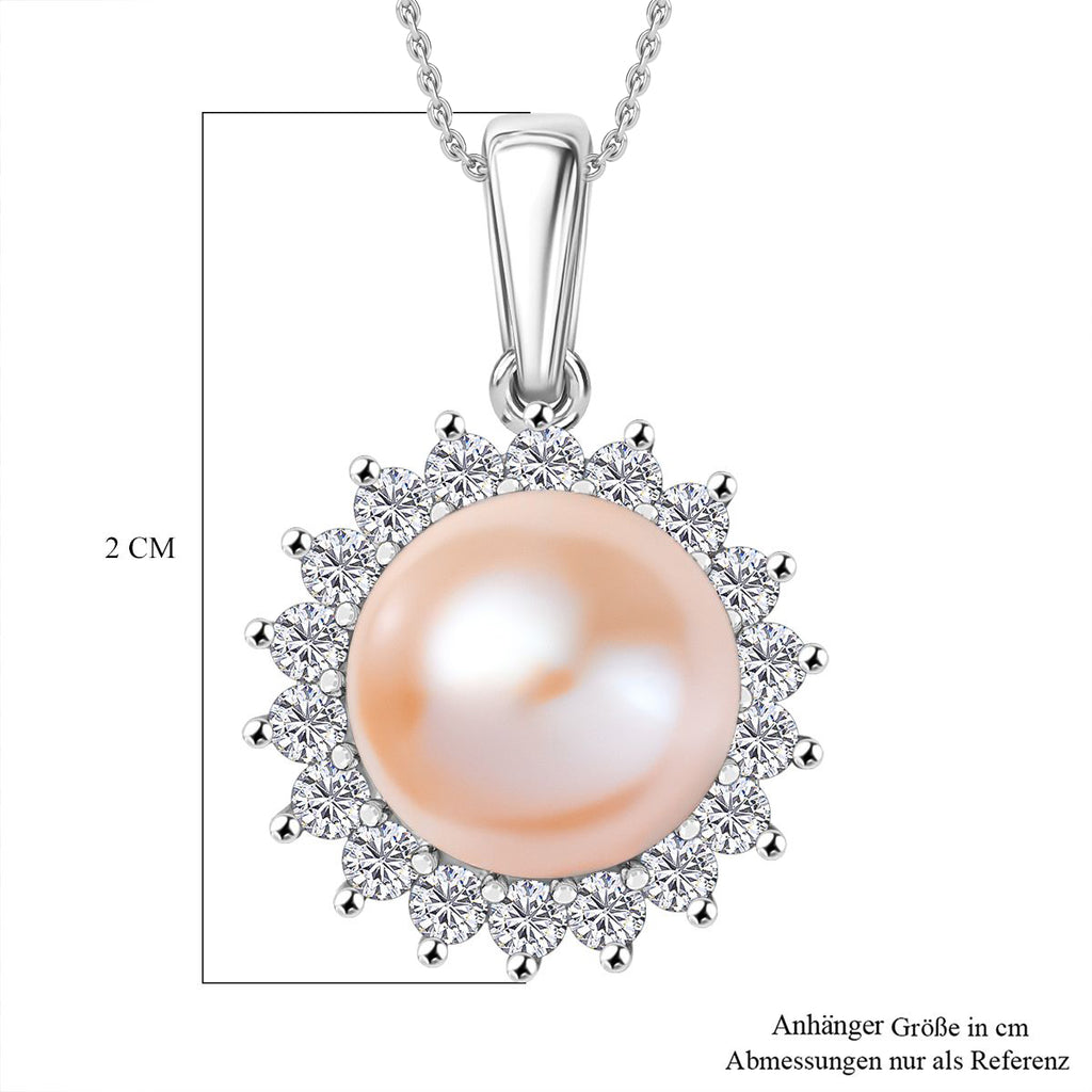 Pfirsich-Süßwasser Perle (8.5-9 mm), Weißer Zirkon Schmuckset ca. 50 cm 925 Silber rhodiniert