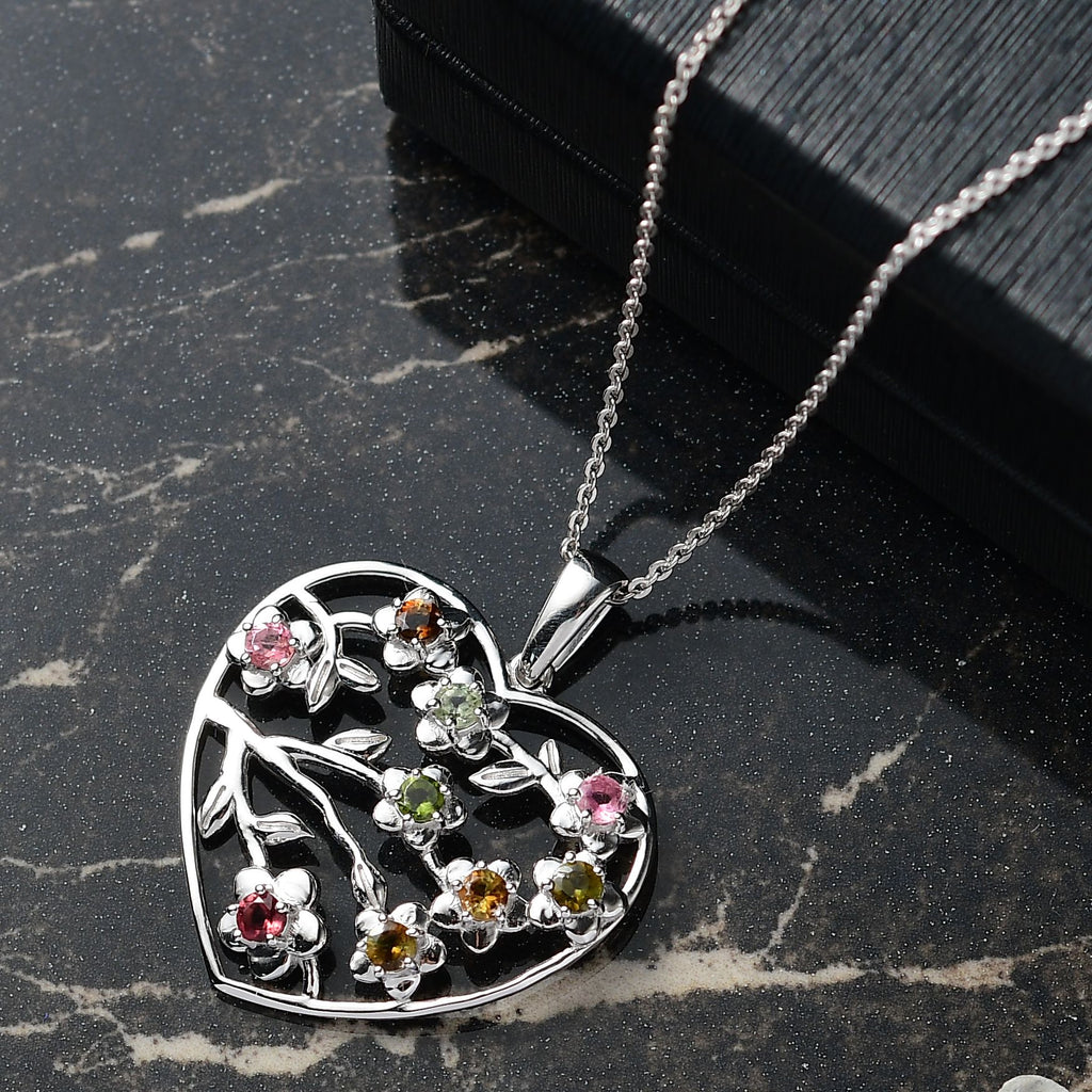 D joy Mehrfarbiger-Turmalin Anhänger mit Kette, 925 Silber platiniert ca. 0,72 ct.