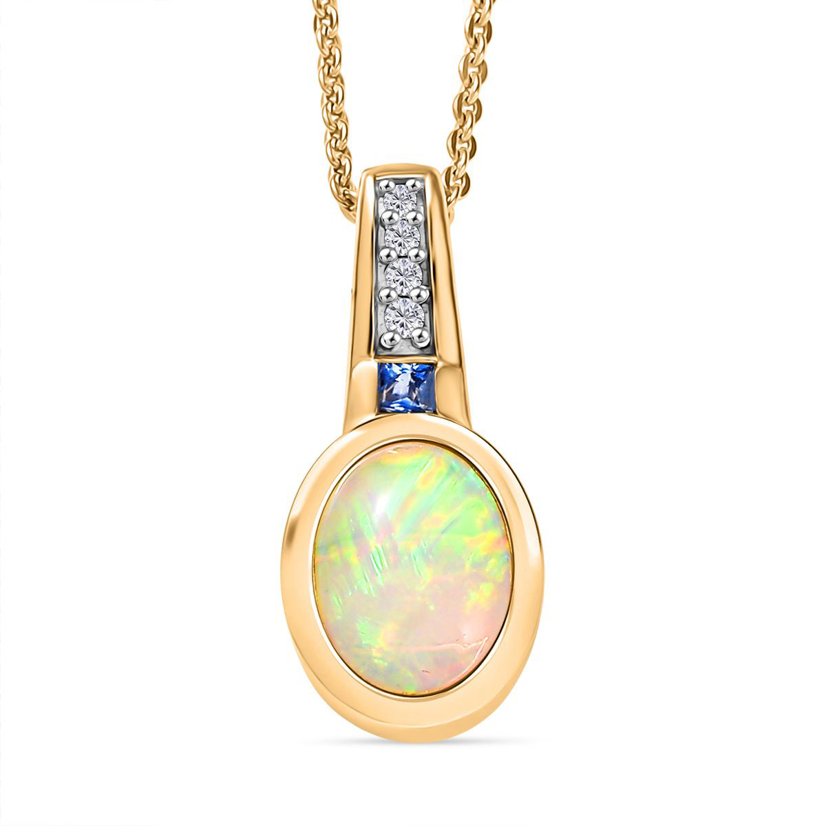 D joy Natürlicher, äthiopischer Welo Opal, Ceylon-Saphir Anhänger mit Kette, 925 Silber 750 Gelbgold Vermeil ca. 1.32 ct