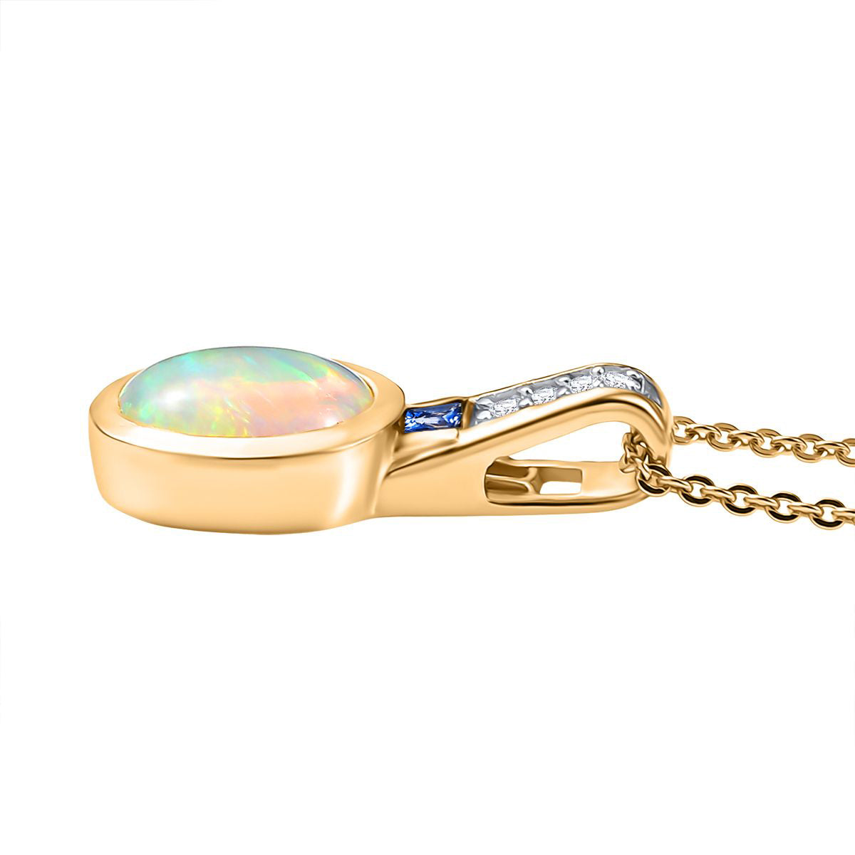 D joy Natürlicher, äthiopischer Welo Opal, Ceylon-Saphir Anhänger mit Kette, 925 Silber 750 Gelbgold Vermeil ca. 1.32 ct