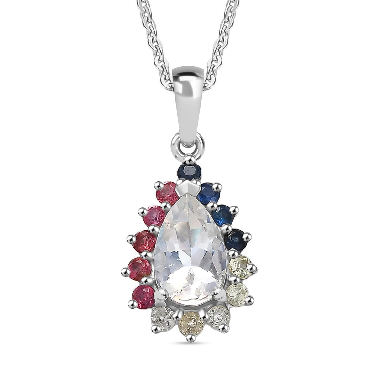 D'joy AAA Premium Malagasy Mondstein, Mehrfarbiger Saphir Cosmic Dewdrop Anhänger mit Kette ca. 50 cm, 925 Silber rhodiniert ca. 1.40 ct