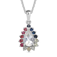 D'joy AAA Premium Malagasy Mondstein, Mehrfarbiger Saphir Cosmic Dewdrop Anhänger mit Kette ca. 50 cm, 925 Silber rhodiniert ca. 1.40 ct