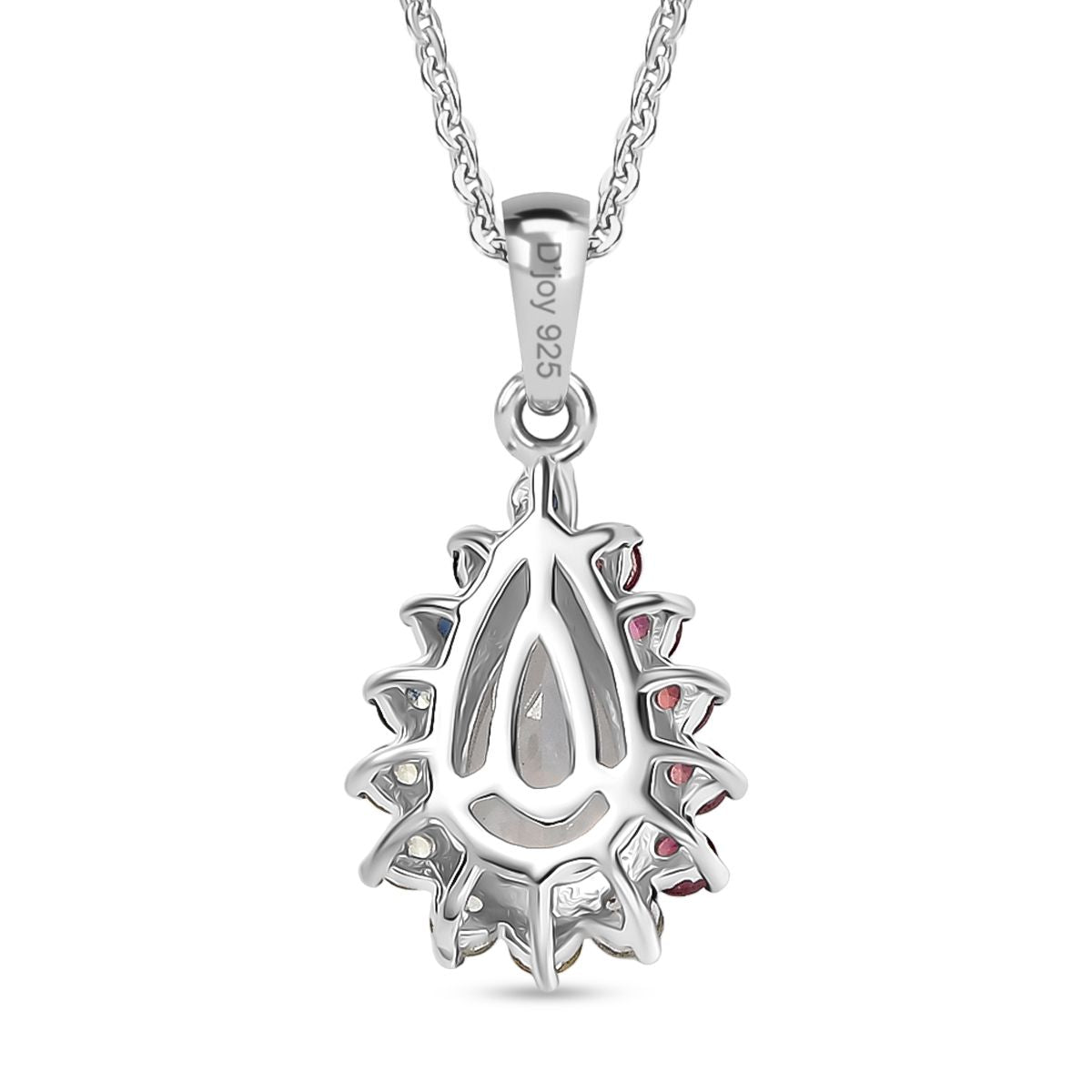 D'joy AAA Premium Malagasy Mondstein, Mehrfarbiger Saphir Cosmic Dewdrop Anhänger mit Kette ca. 50 cm, 925 Silber rhodiniert ca. 1.40 ct