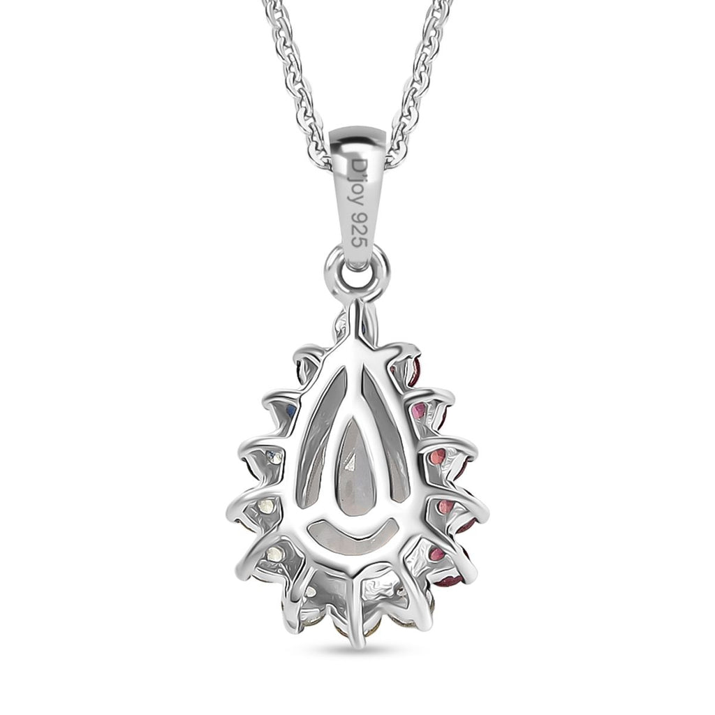 D'joy AAA Premium Malagasy Mondstein, Mehrfarbiger Saphir Cosmic Dewdrop Anhänger mit Kette ca. 50 cm, 925 Silber rhodiniert ca. 1.40 ct
